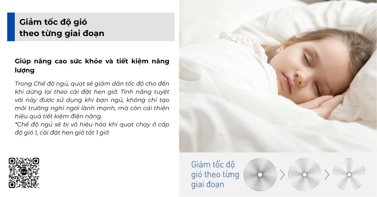 Trong Chế độ ngủ, quạt sẽ giảm dần tốc độ cho đến khi dừng lại theo cài đặt hẹn giờ. Tính năng tuyệt vời này được sử dụng khi bạn ngủ, không chỉ tạo môi trường nghỉ ngơi lành mạnh, mà còn cải thiện hiệu quả tiết kiệm điện năng.
*Chế độ ngủ sẽ bị vô hiệu hóa khi quạt chạy ở cấp độ gió 1, cài đặt hẹn giờ tắt 1 giờ
